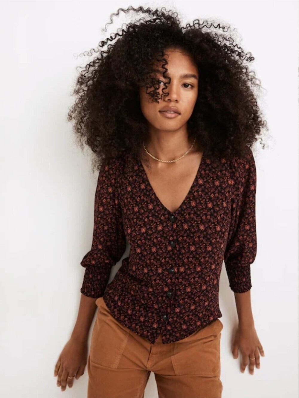 ❤️ MADEWELL (RE)SOURCED GEORGETTE SMOCKED-CUFF BUTTON-FRONT TOP, ORCHARD FLORAL